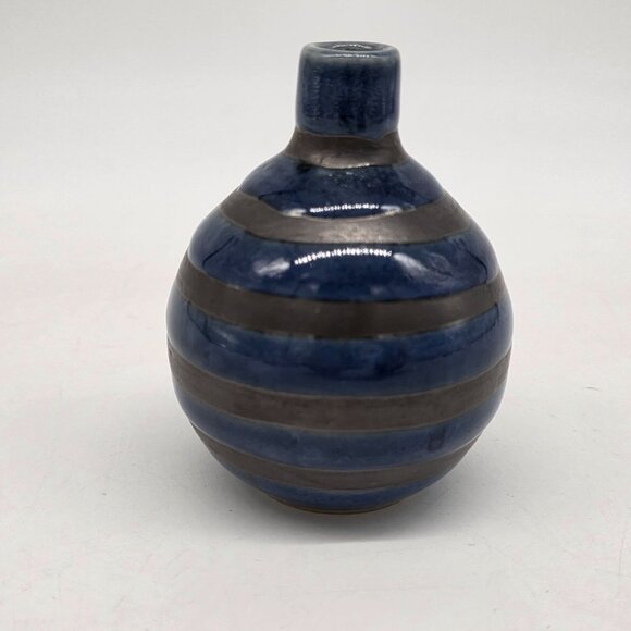 Vintage Otagiri Vase Japan Striped Blue & Black Miniature Ceramic - Picture 6 of 7